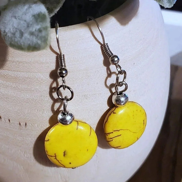 Handcrafted Silver and Yellow Magnesite Gemstone Puffed Coin Dangle Earrings - Picture 3 of 7